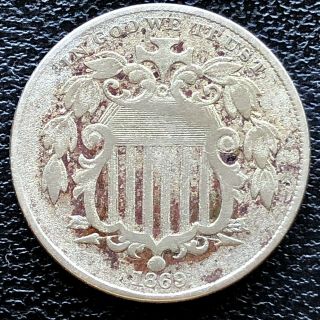 1869 Shield Nickel 5 Cents 5c Higher Grade Vf 18725