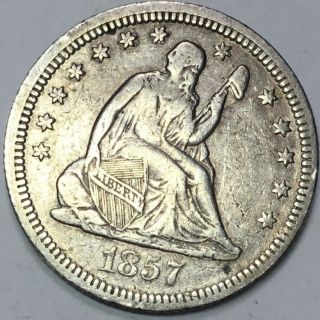 1857 Seated 25c With Full Liberty & All Lines In Shield & Eagles Feathers Strong