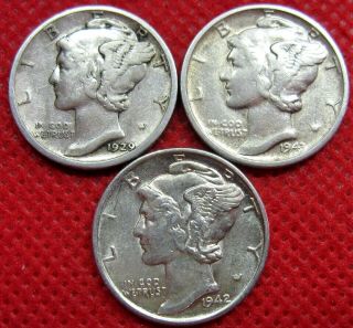 1929 - S,  1942 - S,  1943 - S Mercury Silver Dimes - 1 Key Date - Ships For $0.  99