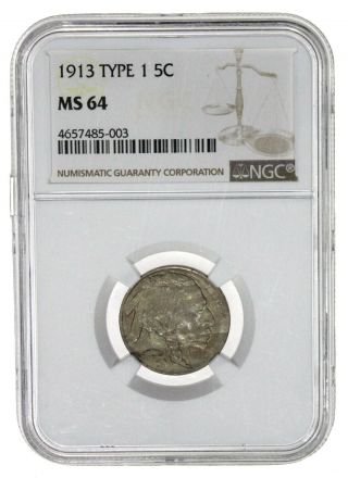 1913 5c Buffalo Nickel Five Cent Piece Type I Ngc Ms64