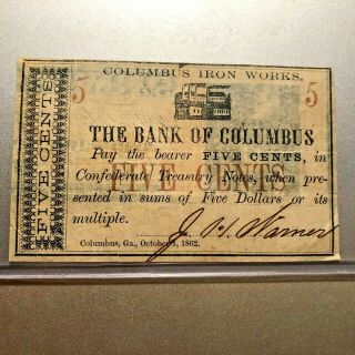 1862 Confederate Bank Of Columbus Georgia Iron 5¢ Cents Note 516