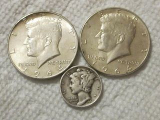Two Silver 1964 Kennedy Half Dollars And A 1941 Mercury Dime