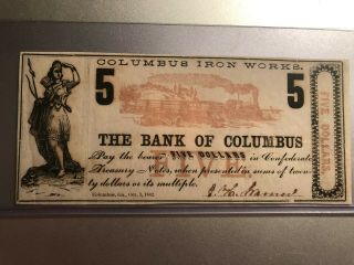 1862 Confederate Bank Of Columbus Georgia Iron 5 Dollar Note 454