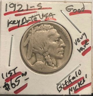 1921 - S Buffalo Nickel,  Vg Key Date Of Buffalo Nickels - Graded Good - - But Looks Vg
