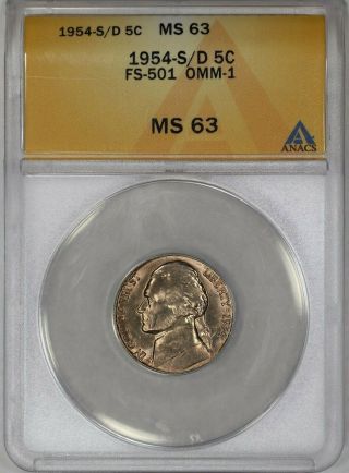 1954 S/d Jefferson Nickel 5c Anacs Certified Ms 63 Unc Fs - 501 Omm - 1 (429)