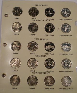 1999 P D S And Silver Proof State Quarters Housed In An Album Page As Pictured.