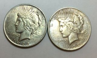 1922 & 1922 D Peace Dollar 2nd Year For The Peace Dollar 90 Silver 10 Copper