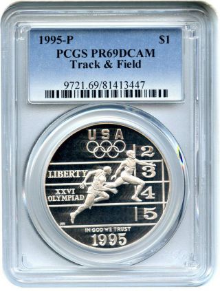 1995 P $1 U.  S.  Olympic Track Field Silver Commemorative Dollar Pcgs Pr69dcam