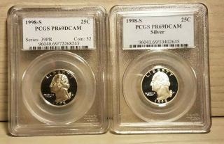 2 - Coin 1998 - S Washington 90 Silver & Clad 25 Cent Set (25c) Pcgs Pr69 Dcam