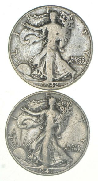 (2) 1941 - D & 1942 - S Walking Liberty Half Dollars 90 Silver $1.  00 Face 694