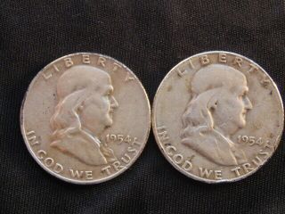 2 - 1954 D & S Ben Franklin Silver Half Dollars (50 Cent) - $1 90 Silver - Key