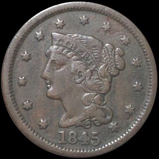 1845 Braided Hair Large Cent Lightly Circulated Philadelphia Copper Penny Nr