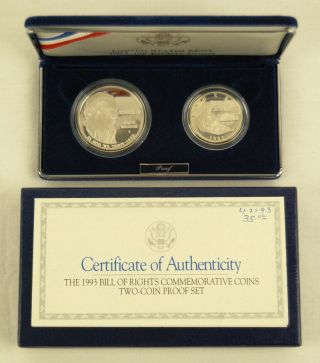 1993 U.  S.  Bill Of Rights Silver Commemorative 2 - Coin Proof Set W/ Box