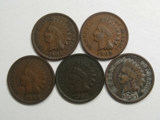 5 Vf/xf Indian Head Pennies.  1907,  1903,  1902 (2),  1897.  61