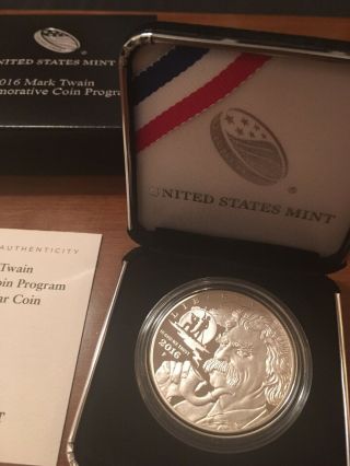 2016 - P Mark Twain Proof Silver $1 Dollar Coin W/ Box &