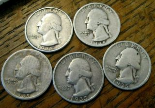 [5 Lot] 1935 2p 3s Washington 90 Silver Quarter Dollar Coin $0 Ship W/track