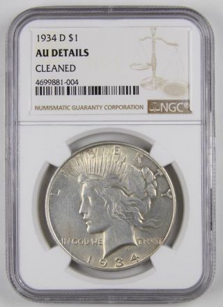 ⭐️1934 - D Us Silver Peace Dollar Ngc Au Details Cleaned