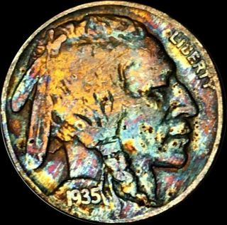 1935 Buffalo Indian Head Nickel Five Cents Unique Multi Color Toned