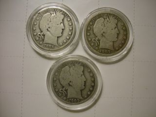 1906 - D 1907 - D 1909 - P Silver Barber Half Dollars - 3 U.  S.  Coins