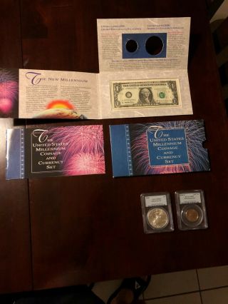 2000 Us Millennium Coinage & Currency Set Silver Eagle Sacagawea Dollar $1 Note