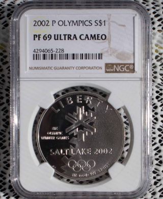 2002 P Winter Olympics Salt Lake City Silver $1 Coin Ngc Pf 69 Ultra Cameo