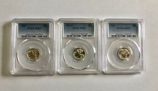 (2) 1943 Ms63 Silver Mercury Dimes And (1) Ms63 1942s Mercury Dime - 3 Pcgs Coins
