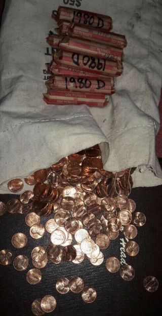 1980 D Roll Of Bu Lincoln Memorial Cents From Sewn Bag