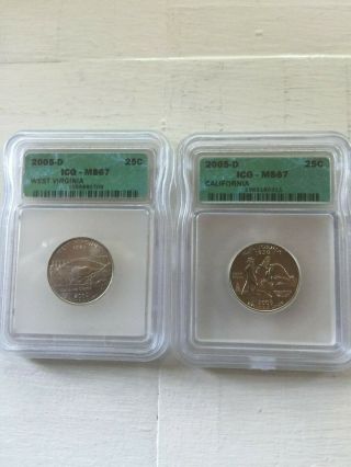 2005 - D State Quarters West Virginia/california (ms67) Icg 2 Coins