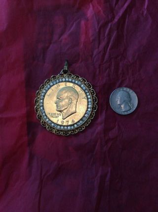 1974 " Ike " Dollar Fancy Pendant Coin & Bezel Is Gold Tone