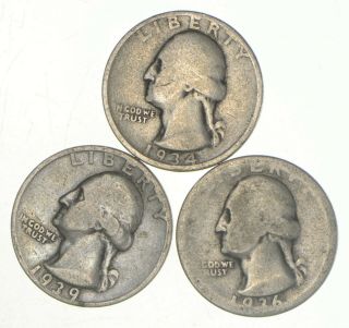 Better 1934 - D & 1936 - D & 1939 - S Washington Quarter 90 Silver - Tough Coins 484
