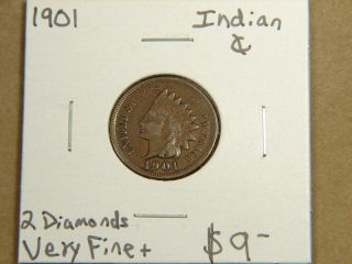1901 Indian Head Wheat Cent Penny Coin Vf,  2 Diamonds