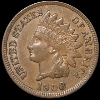 1908 Indian Head Penny About Uncirculated High End Philly Copper Cent Au No Res