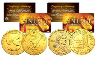 Sacagawea & Susan B Anthony 24k Gold Plated U.  S.  Dollar History Women 2 - Coin Set
