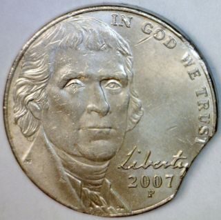 2007 Error Large Clipped Jefferson Nickel Coin Semi Rare Date Au,  Clip 71 Nr