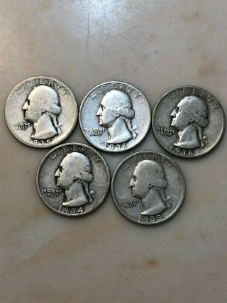 [5 Coins] One=1934,  Two=1935 - S,  One=1936 - S & One=1936 Wash.  Quarters - 90 Silver