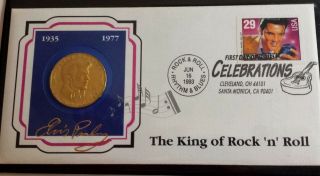 $10 Marshall Islands Solid Brass Coin W/ 1st Edition Usps Elvis Stamp Set