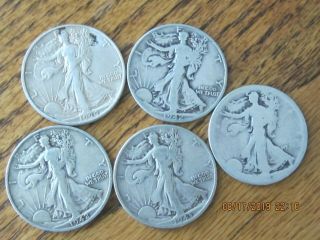 Walking Liberty Half Dollars,  (5),  1942,  1943,  1944,  90 Silver Us Coins,  Sh