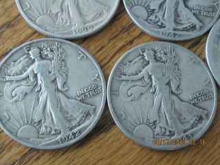 Walking Liberty Half DollarS,  (5),  1942,  1943,  1944,  90 Silver US CoinS,  SH 2