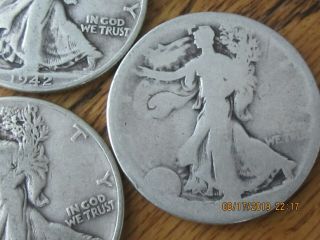 Walking Liberty Half DollarS,  (5),  1942,  1943,  1944,  90 Silver US CoinS,  SH 4