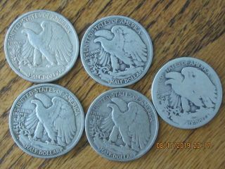 Walking Liberty Half DollarS,  (5),  1942,  1943,  1944,  90 Silver US CoinS,  SH 5