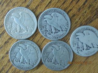 Walking Liberty Half DollarS,  (5),  1942,  1943,  1944,  90 Silver US CoinS,  SH 6