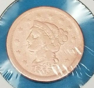 1843 Braided Hair Large Cent One Cent,  U.  S.  1c Coin.
