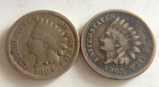 Two Civil War Era U.  S.  Copper/nickel Indian Head Pennies - 1863 And 1864