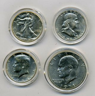 1971s Usa Silver Dollar And 1942,  1963 And 1964 Usa Silver Half Dollars.