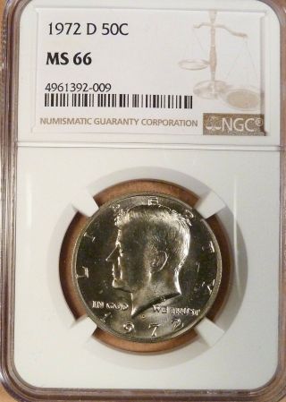 1972 - D Kennedy Half Dollar Ngc Graded Ms66,  99 White Gem (009).