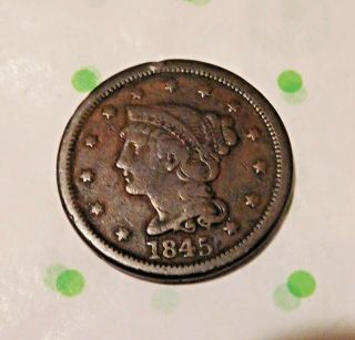1845 Early Large Cent 1c Liberty Braided Hair Copper Very Fine Vf Details Coin