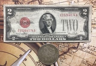 1921 Last Year Morgan Dollar (1) And Bonus (1) 1928 $2.  00 Red Seal Paper Money