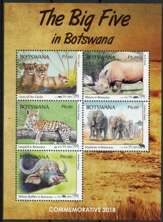 Botswana 2018 Mnh Big Five Lions Rhinos Elephants 5v M/s Wild Animals Stamps