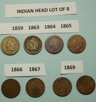 1859 1863 1864 1865 1966 1867 & 2 1869 Indian Head One Cent Us Coins Lower Grade