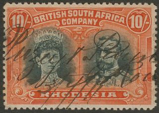 Rhodesia 1910 Kgv Double Head 10sh Deep Myrtle And Orange Fiscally Sg163